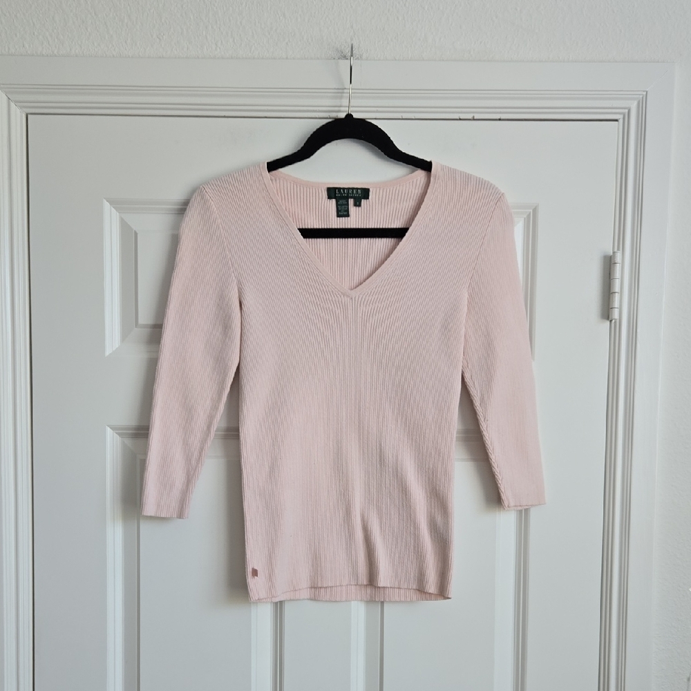 Ralph Lauren Women's Light Pink V-Neck Sweater